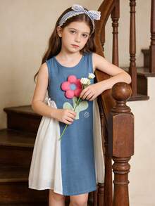 SHEIN Elladie kids 小女孩可爱甜美3D立体花朵无袖连衣裙，3D立体剪裁设计休闲连衣裙，适合花园、日常玩耍或上学穿着。 - 藍色 - 查看 4