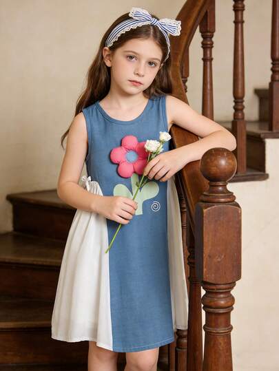 SHEIN 小女孩可爱甜美3D立体花朵无袖连衣裙，3D立体剪裁设计休闲连衣裙，适合花园、日常玩耍或上学穿着。