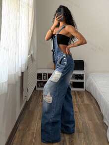 StreetHx Peto vaquero casual desgastado y desgastado para mujer - Azul - Ver 3