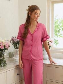 Snug Reverie Conjunto de pijama de pantalón y top de doble capa con cuello de volantes y textura de ola en color rosa fucsia, atuendo de estar en casa - Rosa Fucsia - Ver 4