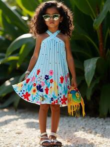 SHEIN Elladie kids 女童休闲无袖热带印花连衣裙，春夏新品 - 藍色 - 查看 5