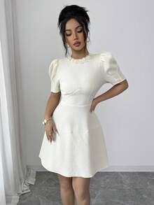 Modelyn Đầm ngắn mùa hè dáng suông tay cánh hoa màu trơn cho nữ, cổ đứng, thắt eo, kiểu dáng thường ngày. - Vàng nhạt - Xem 4