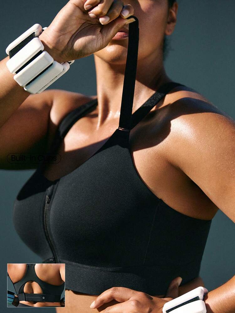 Plus Size OptiDry Gym Crusher Compressive Quick-Dry Built-In Cups Front Zipper Sports Bra Medium Impact Training Running Workout Gym Wear