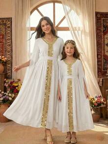 SHEIN 女童白色长袖连衣裙，袖口开衩设计，金色滚边缎带装饰，优雅迷人，适合假日、派对、春夏穿着。 - 白色 - 查看 8