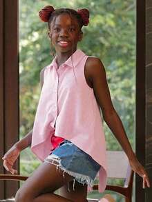 SHEIN Blusa feminina elegante sem mangas em tecido plano com detalhe de laço nas costas, ideal para primavera/verão. - Baby Rosa - Ver 2