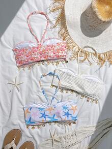SHEIN 3pcs Tween Girl White Starfish & Seashell Print Knit Swimwear Set,Boho Summer Vacation Holiday Beach Tops,Pool Party Quick-Dry Elastic Bathing Suits - Multicolor - View 2