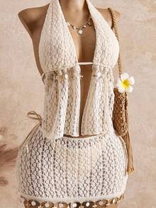 Bellisia 时尚女士泳装套装，性感比基尼搭配高腰系带泳裤，配纱笼裙，适合海滩、度假，饰有海星和贝壳图案，网红风夏季女装，度假套装，沙滩派对装，泳衣，罩衫，新娘送礼会礼服 - 杏色 - 查看 5