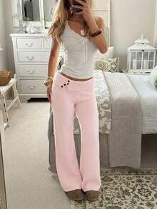 CovetEZ 女士纯色翻折腰阔腿宽松休闲针织裤 - 粉色 - 查看 3