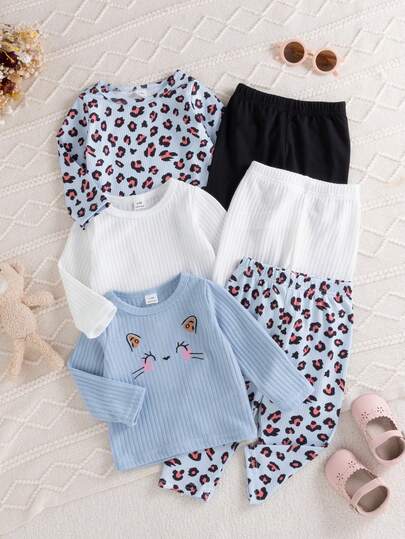 SHEIN Playful Pals 6pcs Infant Girl Spring & Autumn Casual Cute Sweet Brown Leopard Print Top, Pink Apricot Top Paired With Matching Pants, 3 Sets Combination Outfit Suitable For School And Daily Wear