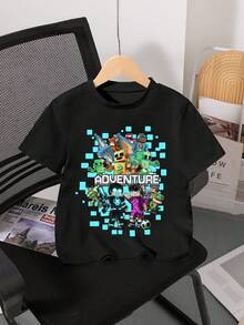 SHEIN Streecool Kids 男童积木图案印花圆领短袖T恤，适合节日、派对等场合，轻盈舒适，春夏皆宜，时尚休闲，适合户外、野餐、上学、度假等场合，也是一份贴心的礼物。 - 黑色 - 查看 3