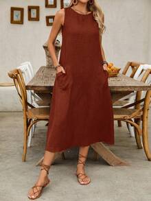 Breezaya Abito lungo da donna casual senza maniche con due tasche, ideale per vacanze e spiaggia - Arancia Bruciata - Visualizzare 6