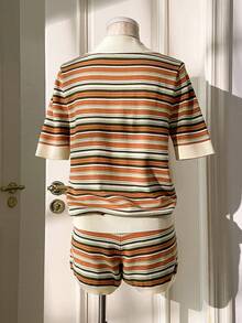 Muvela Vintage mehrfarbig gestreifter Polokragen Herz Dekor Damen Strickpullover, 2 Stücke Set, Retro College Stil Y2K Millennium Ästhetik, geeignet für Lässig, Büro, Sommerurlaub, Strand, Date, Party, Frühling, Valentinstag, Abschluss, Schulanfang, vielseitig, modisch - Verschiedenfarbig - Übersicht 7