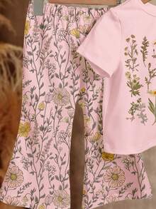 SHEIN LMoss Kids 女婴休闲简约短袖圆领T恤和喇叭裤套装，适合春夏穿着 - 彩色 - 查看 5