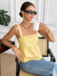 Serisse 女士纯色褶皱后背扭结设计休闲百搭上衣，适合约会和外出穿着 - 淡黃色 - 查看 5