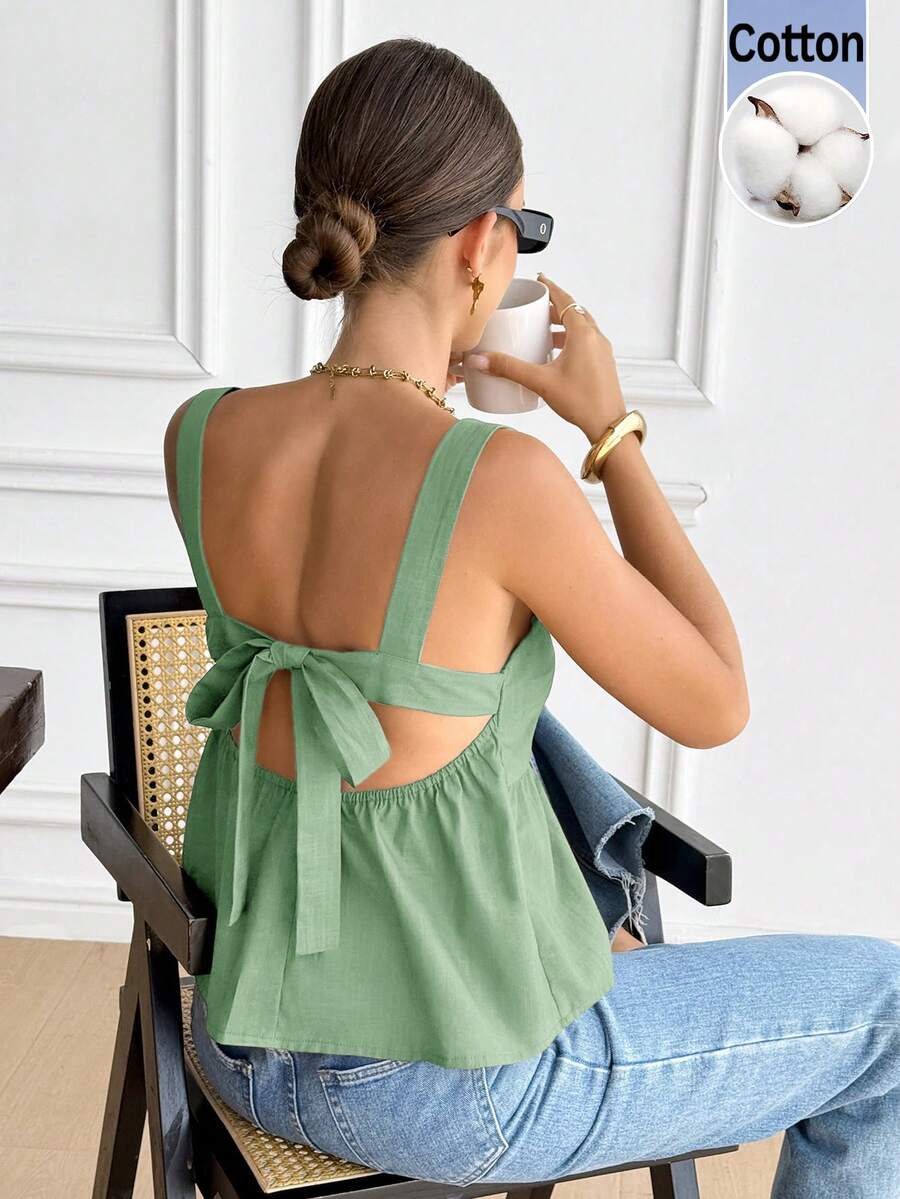 Serisse Women's Solid Color Ruched Back Twist Design Casual Versatile Top For Dates And Outings,Summer Top - Green - View 1