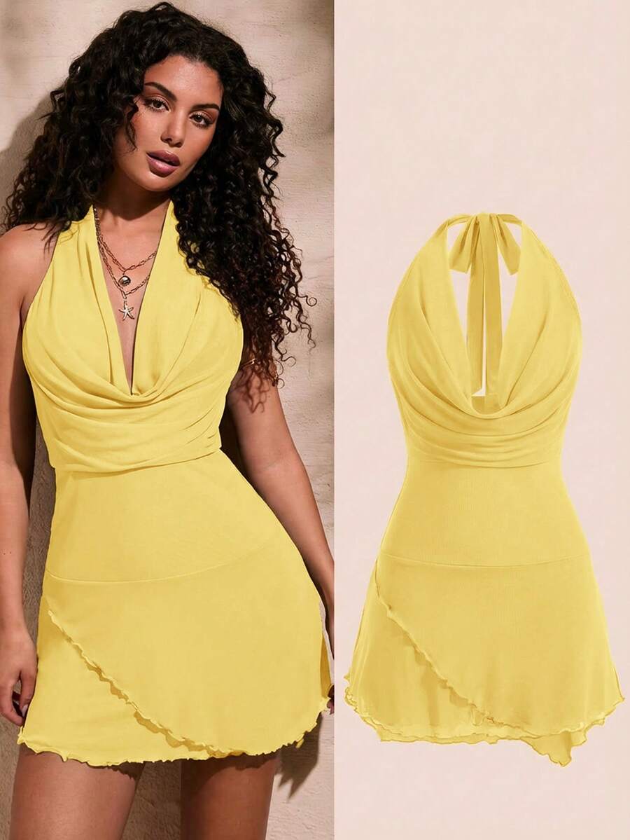 Opulessa Women's Yellow Summer 70s Party Knitted Mesh See-Through Dress,Draped Neck Halter Strap Open Back Design,Bachelorette Beach Vacation Outfits - Light Yellow - View 1