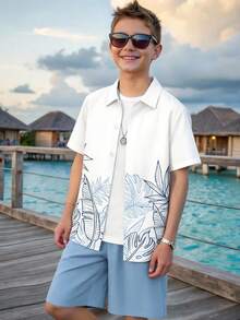 Bộ đồ 2 mảnh cho bé trai tuổi teen, kiểu dáng thường ngày, rộng rãi, thoải mái, in hình cây nhiệt đới, họa tiết cây dừa và quần short, thích hợp cho mặc hàng ngày và đi nghỉ mát vào mùa xuân/hè. - Nhiều màu - Xem 1