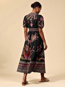 Travachic Women's Casual Palm Tree Print Puff Sleeve Mini Dress, Vacation Style - Black - View 2