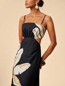 Travachic Elegant Floral Print Hollow Out Casual Vacation Slip Dress - Black - View 7