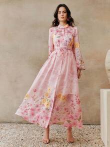 Anewsta 春季新款优雅3D立体花卉装饰印花立领长袖衬衫裙，配有可拆卸吊带和腰带，女款 - 彩色 - 查看 6