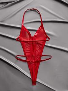 SHEIN Sexy Metallic Shiny Deep V-Neck Zipper Crotch Bodysuit With PU Patchwork And Y2K Net Mesh Design For Women - Red - View 2