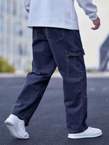 Manfinity Hypemode Loose Fit Men's Top-Stitching Drawstring Waist Cargo Jeans - Dark Wash - View 2