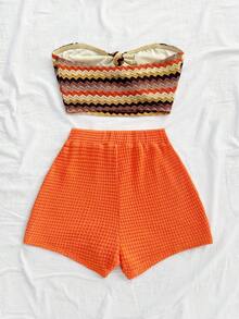 Soleia 女士条纹彩色复古休闲打结露脐上衣和短裤两件套，夏季 - 彩色 - 查看 2