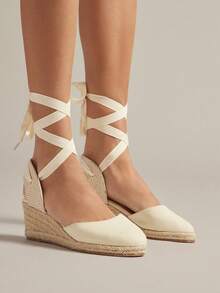 Ankle Wrap Closed Toe Espadrille Wedges Holiday Vacay Vibe For And Spring Shoes Spring Break Easter Mother's Day Present For Christmas - Beige - View 2