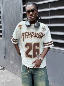 AXEPEAK 男士宽松落肩字母印花网眼短袖T恤 - 棕色 - 查看 6