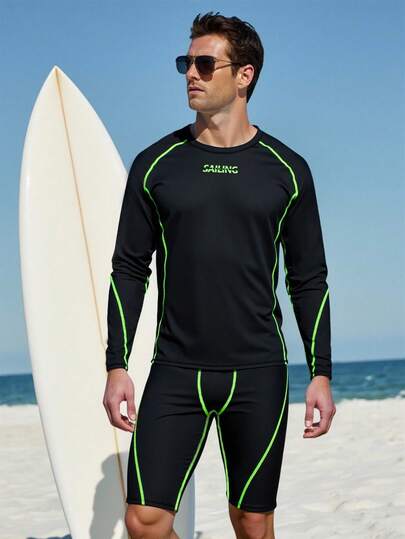 CoralVoy Conjunto de traje de baño con camiseta de manga larga con estampado de letras y pespuntes en contraste de color lima neón para hombres