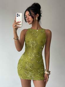 Aloruh Đầm ngắn hở lưng gợi cảm, thanh lịch, thích hợp cho ngày Valentine, đám cưới, đi biển, tiệc tùng, màu xanh lá cây trơn với họa tiết thêu hoa 3D. - màu xanh lá - Xem 8