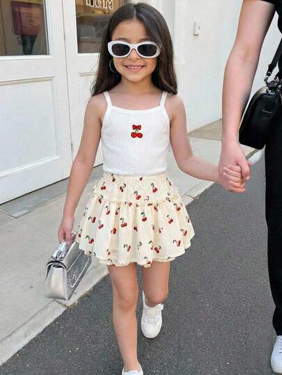 Firerie Kids 两件套女童刺绣针织背心+碎花短裙，休闲可爱时尚套装，适合外出、拍照、公园、露营、日常穿着、派对、度假等场合。