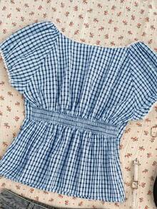 SHEIN EZwear 大码蓝白格子休闲短袖衬衫，心形领 - 藍色 - 查看 3