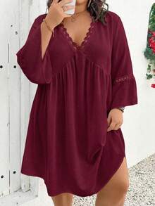 SHEIN CURVE+ Đầm linen trắng tay loe dáng bohemian cỡ lớn, thích hợp mặc đi nghỉ mát, phong cách Boho. - Màu Đỏ Sâu - Xem 7