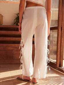 Women's Bohemian Casual Vacation Comfortable Jacquard Woven Side Slit Tie-Up Lounge Pants - White - View 2