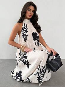 Firerie 女士优雅简约精致浪漫度假约会节日派对露背系带印花褶皱面料不对称下摆宽松A字长裙 - 杏色 - 查看 1