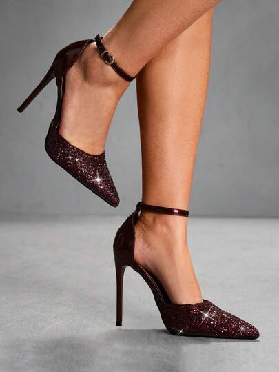 CUCCOO SZL Women Shoes Pointed Stiletto Burgundy Shiny Glitter Ankle Strap Women's Hollow Shoes Fashion Sexy Dinner Party Nightclub And Other Occasions Women's High Heel Shoes Women's Shoes