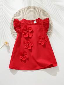 SHEIN Baby Girl Elegant Red Floral 3D Decor Ruffle Hem Loose Sleeveless Dress, Wedding Ceremony - Red - View 5
