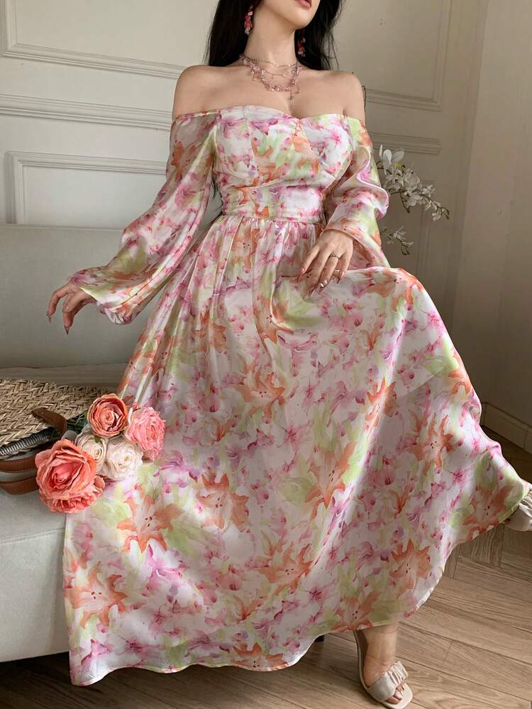 Spring & Summer Off Shoulder Ditsy Floral Chiffon Dress, Elegant For Valentine's Day, Wedding, Party, Casual, Vacation, Waist Cinched Short Sleeve Midi Dress For Women Sundress Boho