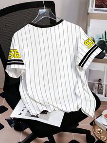 SpongeBob SquarePants | SHEIN Women Cartoon Print Striped Round Neck Short Sleeve T-Shirt - White - View 2