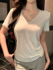 DAZY Women's Casual Solid Color Short Sleeve T-Shirt, Summer - White - View 3