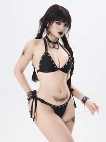ROMWE Gothic Black Goth Bikini Set,Summer Beach Party Mysterious Aesthetic Metal Stud Matte Gold Rivet Lace-Up Halter Backless Swimwear Two Pieces Set - Black - View 3