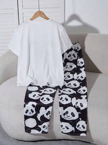 2pcs/Set Teenage Boys' Casual Cartoon Print Loose Fit Long Pants And Short Sleeve Loungewear Set - White - View 2