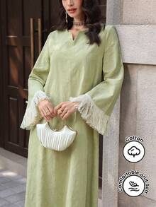 Al Najma New  Cotton Jacquard Patchwork Tassel Trim Arabic Turkish Style Long Robe - Green - View 1