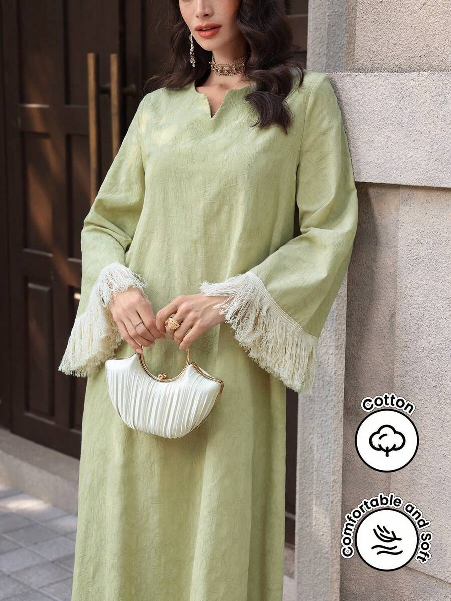Al Najma New  Cotton Jacquard Patchwork Tassel Trim Arabic Turkish Style Long Robe - Green - View 1
