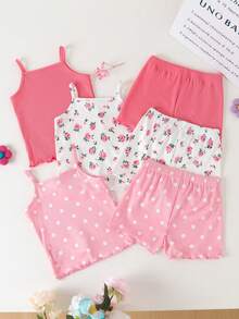 SHEIN Playful Pals Baby Girls' Comfortable Versatile Sweet Cute Strap Shorts Set, Multi-Piece Summer Outfit - Multicolor - View 2