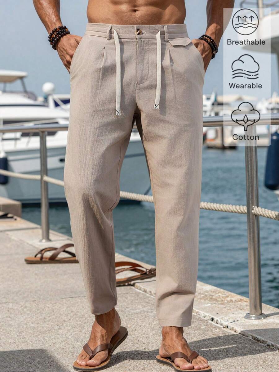 Manfinity RSRT Quần dài nam ống côn, chất liệu vải lanh, màu trơn, cạp chun, có dây rút, thích hợp mặc đi chơi mùa thu. - Màu be - Xem 1