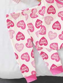 1 Set Pijama de niña bebé con parte superior de manga corta ajustada con estampado de corazones y letras y pantalones con estampado todo sobre, primavera/verano - Rosa - Ver 6