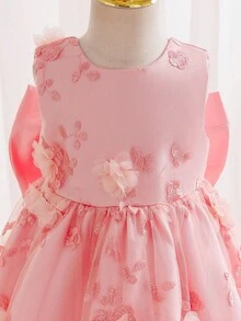 SHEIN Glamorique Kids Đầm dự tiệc thanh lịch màu trắng thêu họa tiết, lưng chữ V, thắt nơ, dành cho bé gái, phù hợp cho mọi mùa. - Hồng - Xem 4