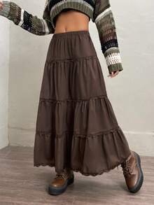 SHEIN EZwear Solid Ruffle Hem Lace Trim Skirt - Chocolate Brown - View 5